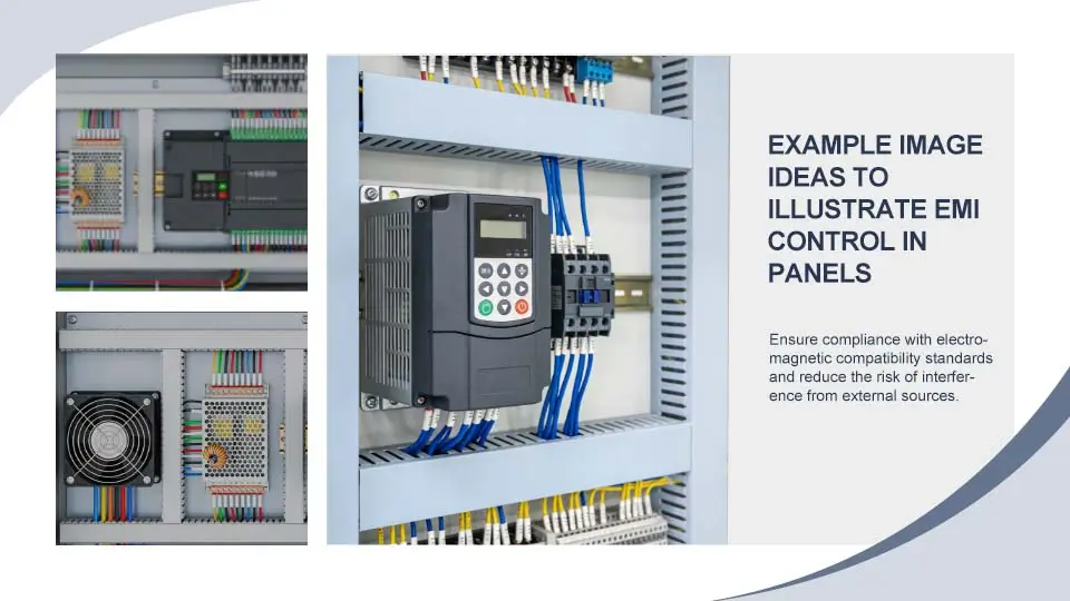 The image depicts a modern elevator control panel interior, showcasing the placement of the variable frequency drive (VFD) and the positioning of the electromagnetic interference (EMI) filter near the mains entry, along with organized cable routing to minimize electrical noise and enhance system performance. This setup is crucial for ensuring compliance with electromagnetic compatibility standards and reducing the risk of interference from external sources.